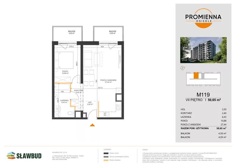 2 pokoje, mieszkanie 50,65 m², piętro 7, oferta nr 119, Osiedle Promienna, Marki,  ul. Słoneczna 1C