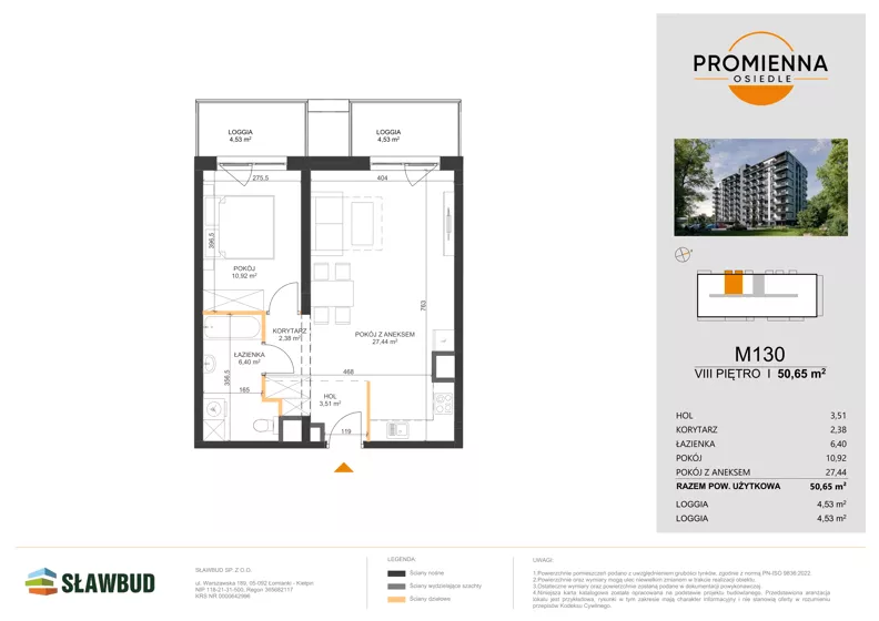 2 pokoje, mieszkanie 50,65 m², piętro 8, oferta nr 130, Osiedle Promienna, Marki,  ul. Słoneczna 1C