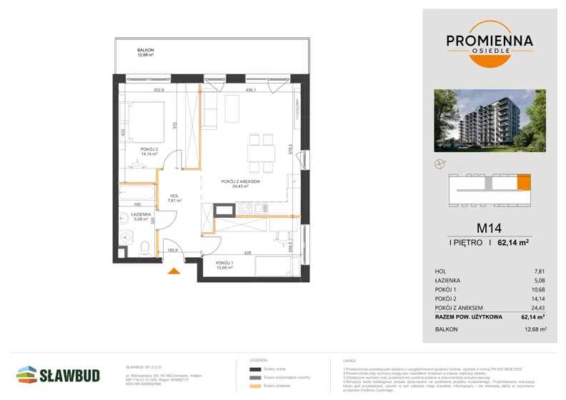 3 pokoje, mieszkanie 62,14 m², piętro 1, oferta nr 14, Osiedle Promienna, Marki,  ul. Słoneczna 1C