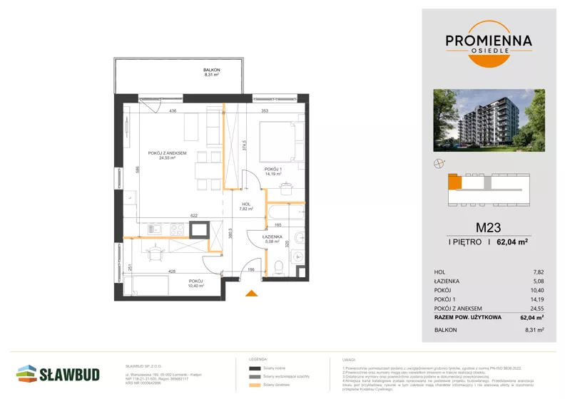 3 pokoje, mieszkanie 62,04 m², piętro 1, oferta nr 23, Osiedle Promienna, Marki,  ul. Słoneczna 1C