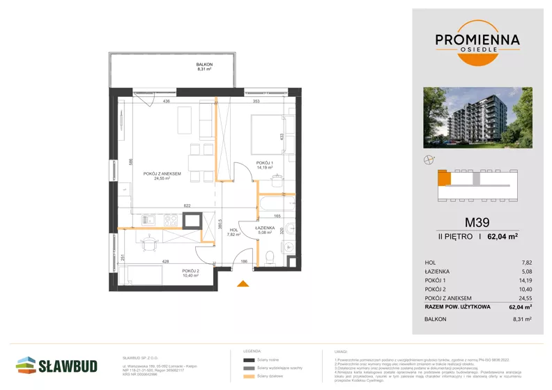 3 pokoje, mieszkanie 62,04 m², piętro 2, oferta nr 39, Osiedle Promienna, Marki,  ul. Słoneczna 1C