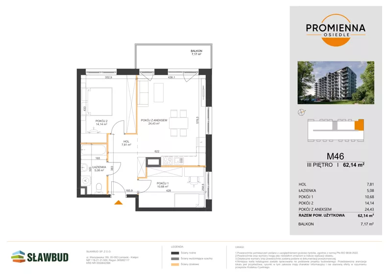 3 pokoje, mieszkanie 62,14 m², piętro 3, oferta nr 46, Osiedle Promienna, Marki,  ul. Słoneczna 1C