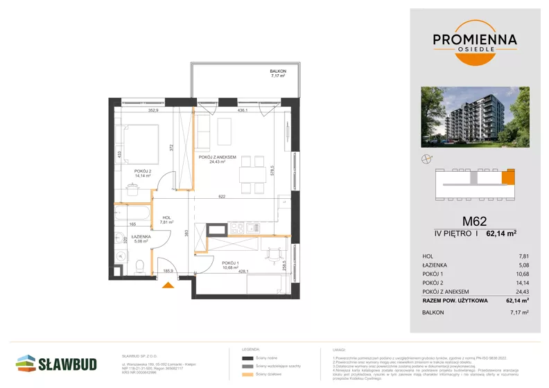 3 pokoje, mieszkanie 62,14 m², piętro 4, oferta nr 62, Osiedle Promienna, Marki,  ul. Słoneczna 1C