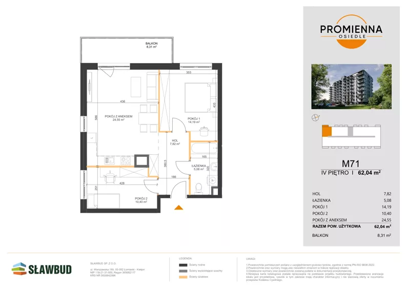 3 pokoje, mieszkanie 62,04 m², piętro 4, oferta nr 71, Osiedle Promienna, Marki,  ul. Słoneczna 1C