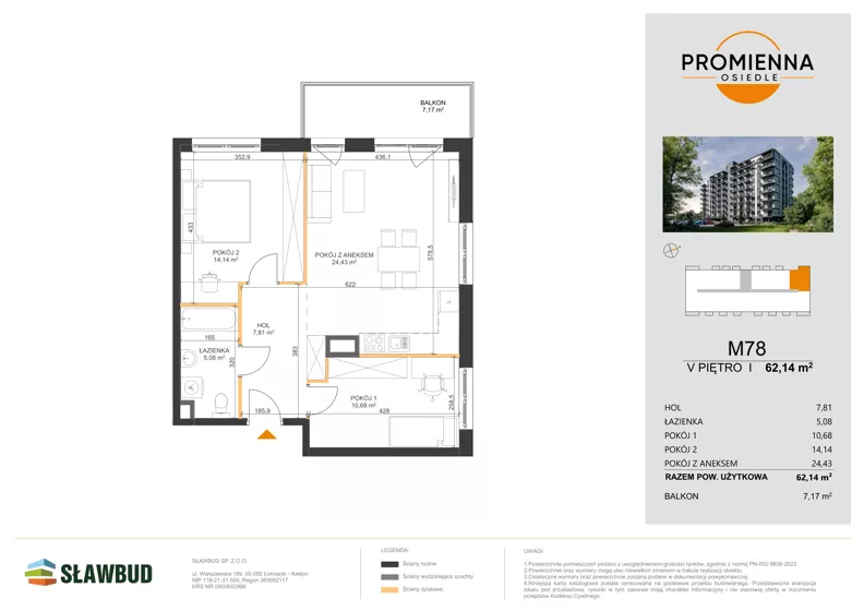 3 pokoje, mieszkanie 62,14 m², piętro 5, oferta nr 78, Osiedle Promienna, Marki,  ul. Słoneczna 1C
