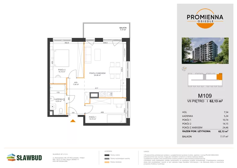 3 pokoje, mieszkanie 62,13 m², piętro 7, oferta nr 109, Osiedle Promienna, Marki,  ul. Słoneczna 1C