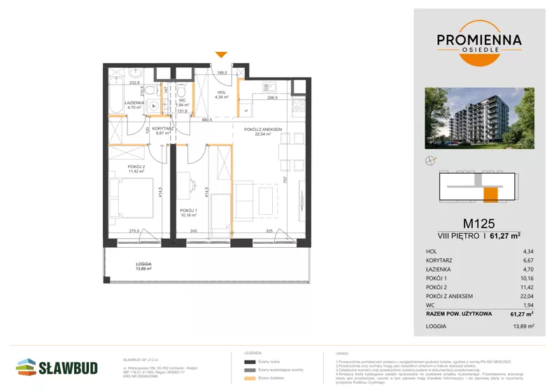 3 pokoje, mieszkanie 61,27 m², piętro 8, oferta nr 125, Osiedle Promienna, Marki,  ul. Słoneczna 1C
