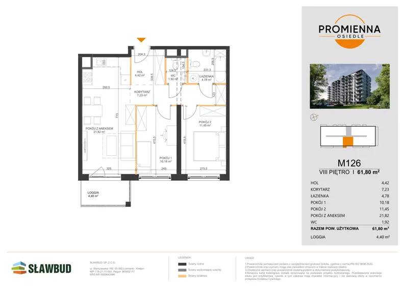 3 pokoje, mieszkanie 61,80 m², piętro 8, oferta nr 126, Osiedle Promienna, Marki,  ul. Słoneczna 1C