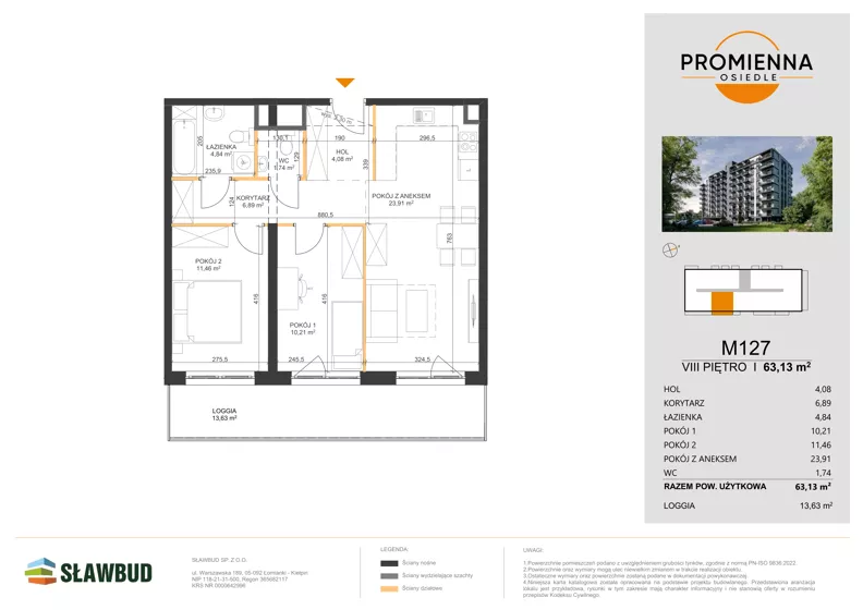 3 pokoje, mieszkanie 63,13 m², piętro 8, oferta nr 127, Osiedle Promienna, Marki,  ul. Słoneczna 1C