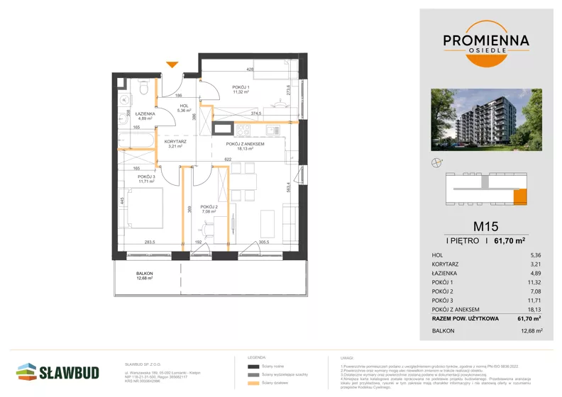 4 pokoje, mieszkanie 61,70 m², piętro 1, oferta nr 15, Osiedle Promienna, Marki,  ul. Słoneczna 1C