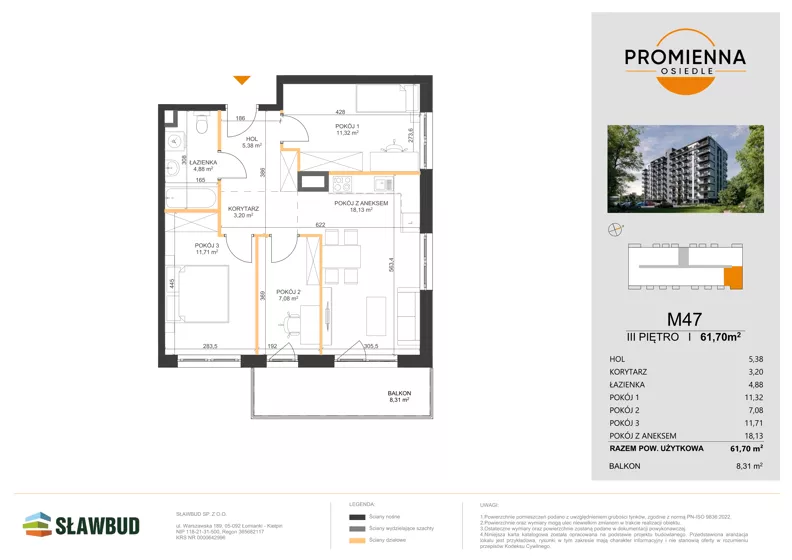 4 pokoje, mieszkanie 61,70 m², piętro 3, oferta nr 47, Osiedle Promienna, Marki, ul. Słoneczna 1C