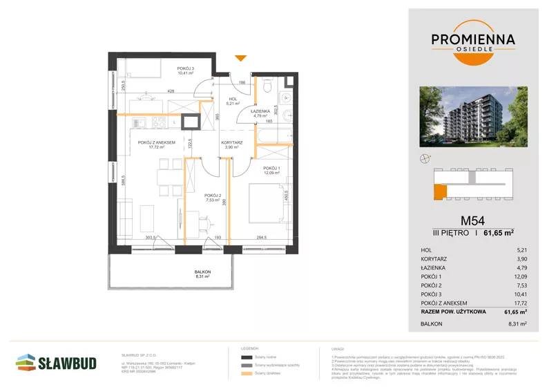 4 pokoje, mieszkanie 61,65 m², piętro 3, oferta nr 54, Osiedle Promienna, Marki, ul. Słoneczna 1C
