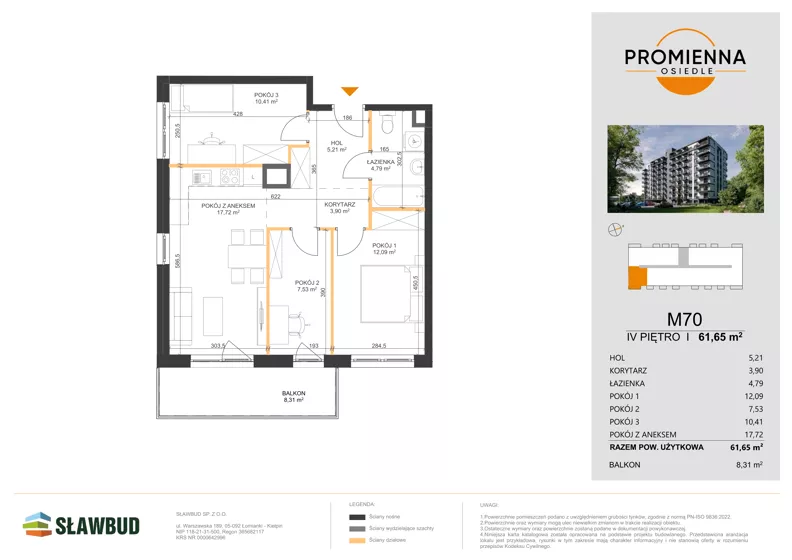 4 pokoje, mieszkanie 61,65 m², piętro 4, oferta nr 70, Osiedle Promienna, Marki,  ul. Słoneczna 1C