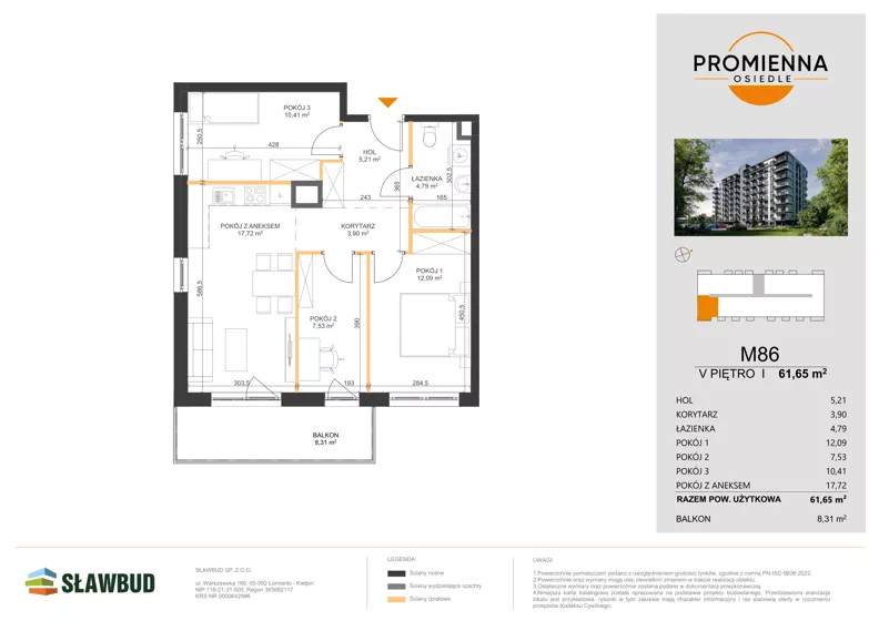 4 pokoje, mieszkanie 61,65 m², piętro 5, oferta nr 86, Osiedle Promienna, Marki,  ul. Słoneczna 1C