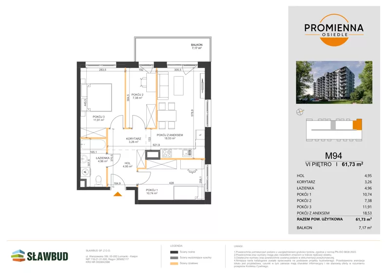 4 pokoje, mieszkanie 61,73 m², piętro 6, oferta nr 94, Osiedle Promienna, Marki, ul. Słoneczna 1C