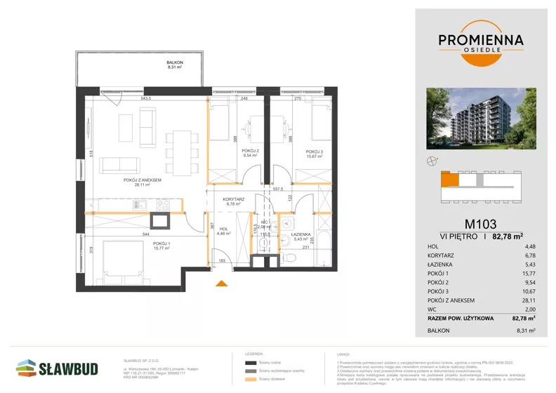 4 pokoje, mieszkanie 82,78 m², piętro 6, oferta nr 103, Osiedle Promienna, Marki,  ul. Słoneczna 1C