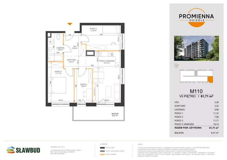 4 pokoje, mieszkanie 61,71 m², piętro 7, oferta nr 110, Osiedle Promienna, Marki,  ul. Słoneczna 1C