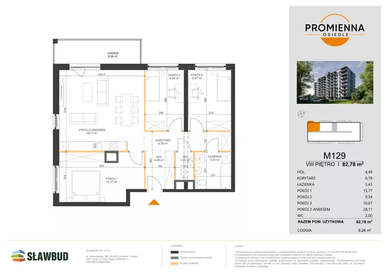 4 pokoje, mieszkanie 82,78 m², piętro 8, oferta nr 129, Osiedle Promienna, Marki,  ul. Słoneczna 1C
