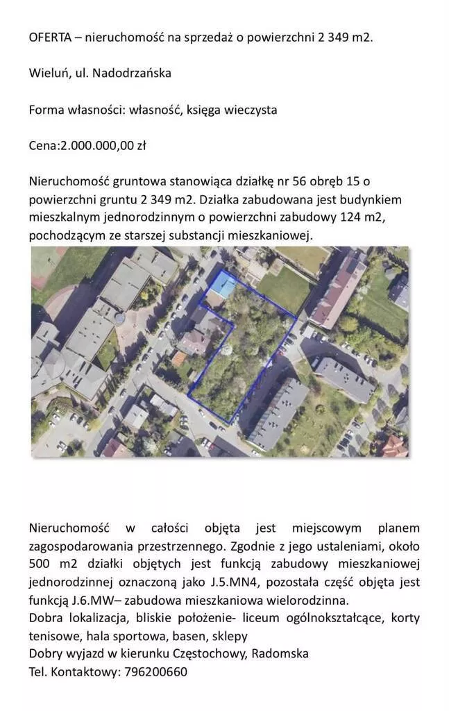 Działka 2 349,00 m², oferta nr , 45353/3186/OGS, Wieluń, Nadodrzańska