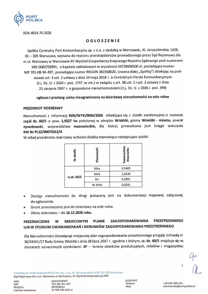 Działka 19 227,00 m², oferta nr , 2558/3186/OGW, Wiskitki