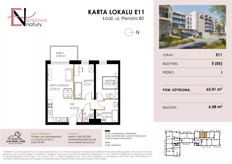 3 pokoje, mieszkanie 62,41 m², piętro 1, oferta nr E11, Enklawa Natury etap II, Łódź, Polesie, Lublinek-Pienista, ul. Pienista 80