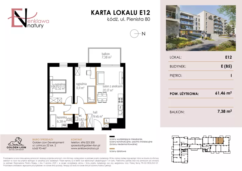 3 pokoje, mieszkanie 61,46 m², piętro 1, oferta nr E12, Enklawa Natury etap II, Łódź, Polesie, Lublinek-Pienista, ul. Pienista 80