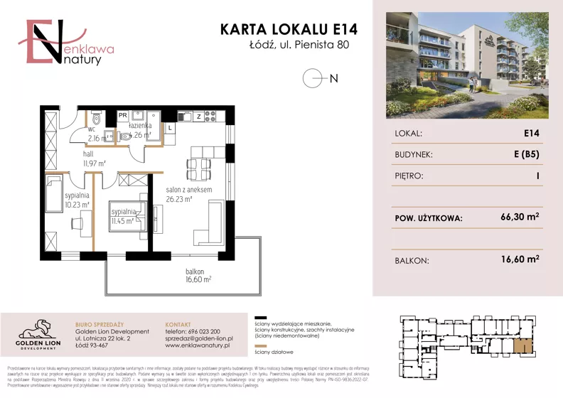 3 pokoje, mieszkanie 66,30 m², piętro 1, oferta nr E14, Enklawa Natury etap II, Łódź, Polesie, Lublinek-Pienista, ul. Pienista 80