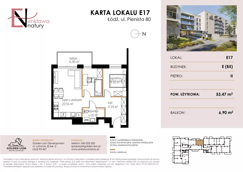 3 pokoje, mieszkanie 53,47 m², piętro 2, oferta nr E17, Enklawa Natury etap II, Łódź, Polesie, Lublinek-Pienista, ul. Pienista 80