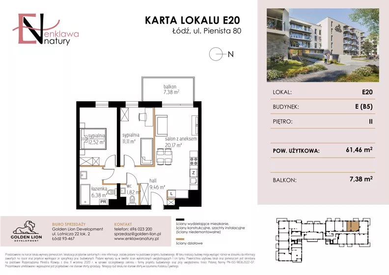 3 pokoje, mieszkanie 61,46 m², piętro 2, oferta nr E20, Enklawa Natury etap II, Łódź, Polesie, Lublinek-Pienista, ul. Pienista 80