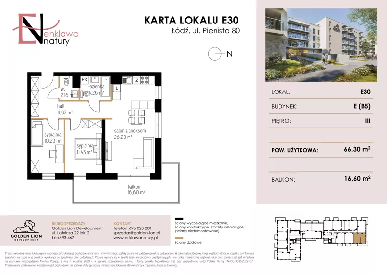 3 pokoje, mieszkanie 66,30 m², piętro 3, oferta nr E30, Enklawa Natury etap II, Łódź, Polesie, Lublinek-Pienista, ul. Pienista 80