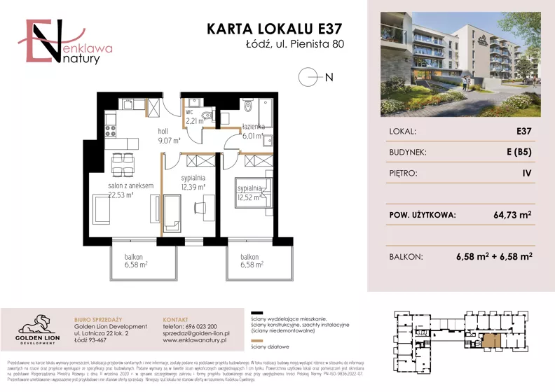 3 pokoje, mieszkanie 64,73 m², piętro 4, oferta nr E37, Enklawa Natury etap II, Łódź, Polesie, Lublinek-Pienista, ul. Pienista 80