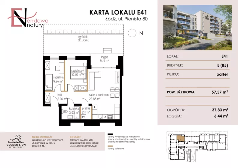 3 pokoje, mieszkanie 57,57 m², parter, oferta nr E41, Enklawa Natury etap II, Łódź, Polesie, Lublinek-Pienista, ul. Pienista 80