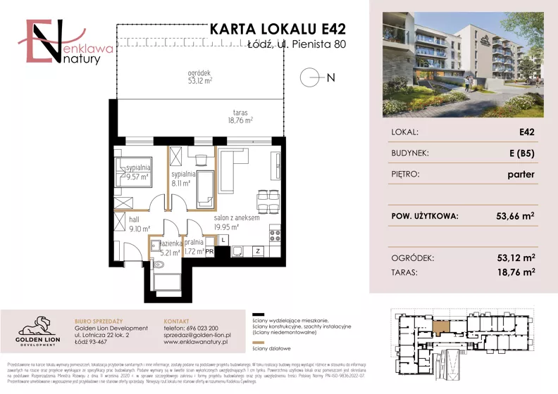 3 pokoje, mieszkanie 53,66 m², parter, oferta nr E42, Enklawa Natury etap II, Łódź, Polesie, Lublinek-Pienista, ul. Pienista 80