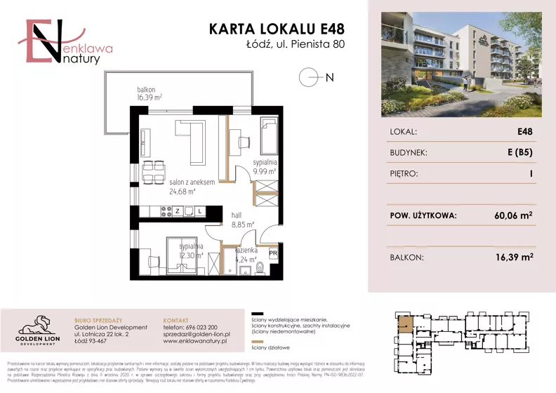3 pokoje, mieszkanie 60,06 m², piętro 1, oferta nr E48, Enklawa Natury etap II, Łódź, Polesie, Lublinek-Pienista, ul. Pienista 80