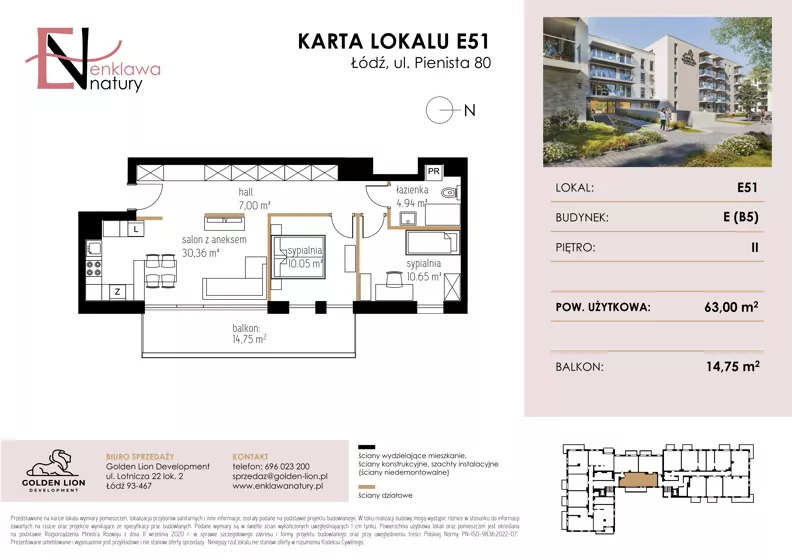 3 pokoje, mieszkanie 63,00 m², piętro 2, oferta nr E51, Enklawa Natury etap II, Łódź, Polesie, Lublinek-Pienista, ul. Pienista 80