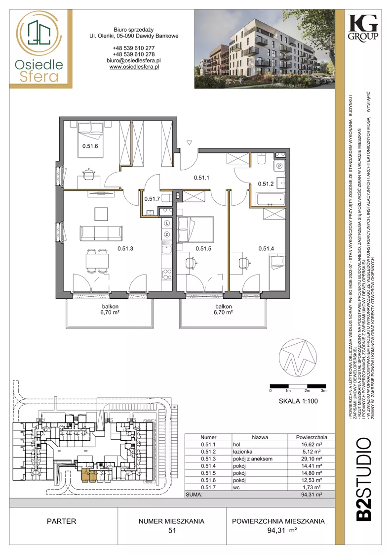 4 pokoje, mieszkanie 94,31 m², parter, oferta nr 51, Osiedle Sfera - Etap II, Dawidy Bankowe, ul. Oleńki 14