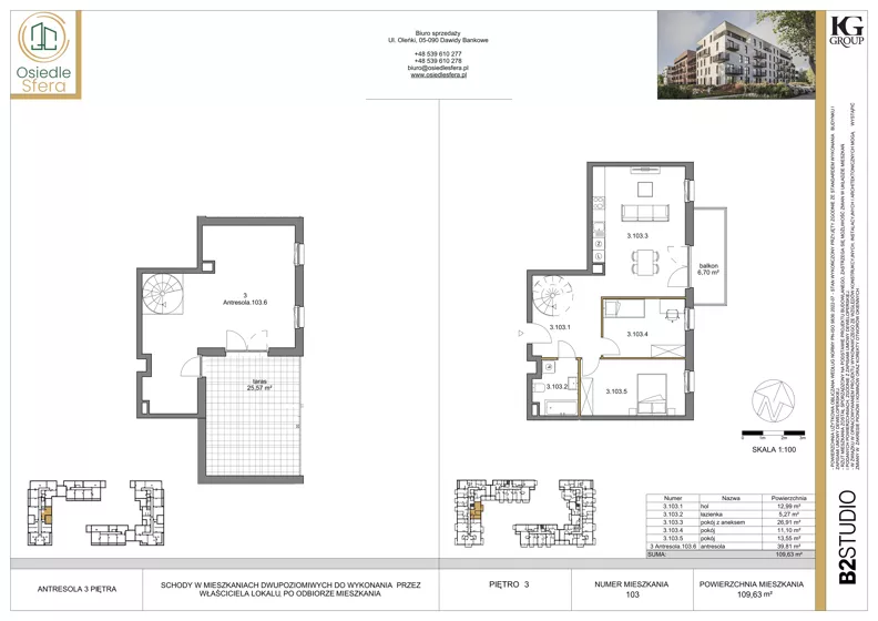 3 pokoje, mieszkanie 109,63 m², piętro 3, oferta nr 103, Osiedle Sfera - Etap II, Dawidy Bankowe, ul. Oleńki 14
