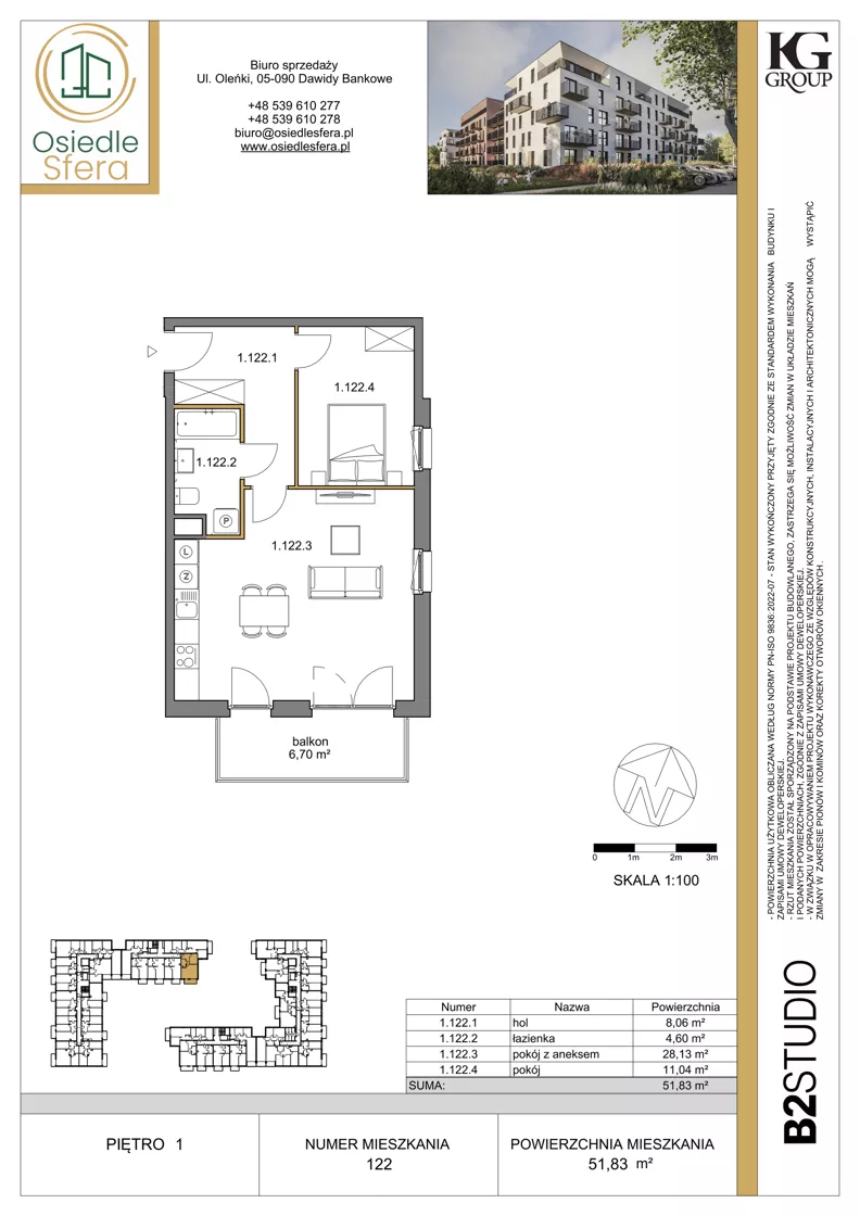 2 pokoje, mieszkanie 51,83 m², piętro 1, oferta nr 122, Osiedle Sfera - Etap II, Dawidy Bankowe, ul. Oleńki 14