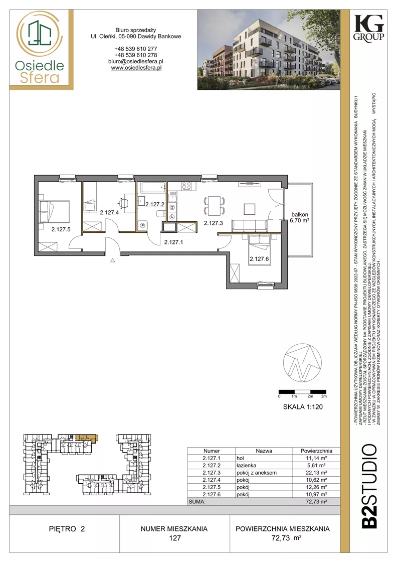 4 pokoje, mieszkanie 72,73 m², piętro 2, oferta nr 127, Osiedle Sfera - Etap II, Dawidy Bankowe, ul. Oleńki 14
