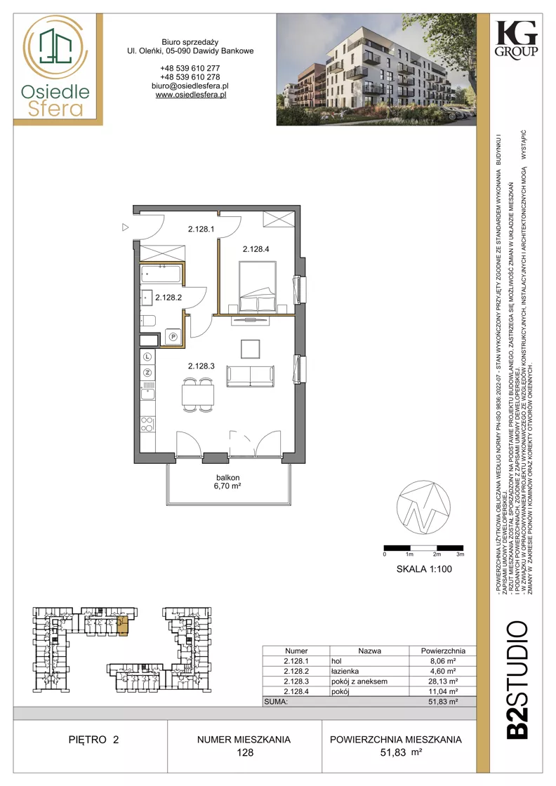 2 pokoje, mieszkanie 51,83 m², piętro 2, oferta nr 128, Osiedle Sfera - Etap II, Dawidy Bankowe, ul. Oleńki 14