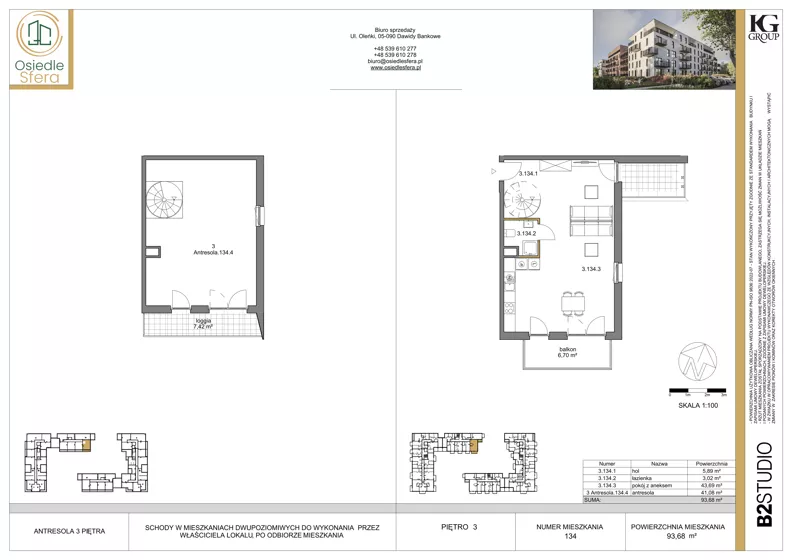 3 pokoje, mieszkanie 93,68 m², piętro 3, oferta nr 134, Osiedle Sfera - Etap II, Dawidy Bankowe, ul. Oleńki 14