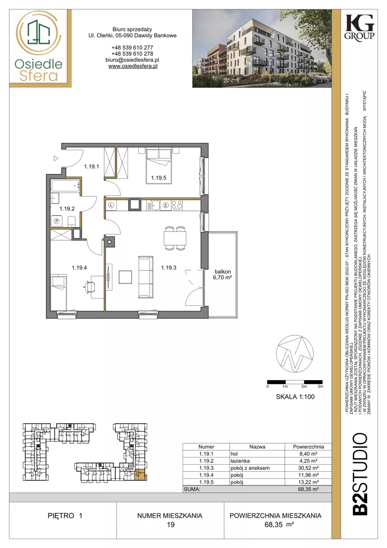 3 pokoje, mieszkanie 68,35 m², piętro 1, oferta nr 19, Osiedle Sfera - Etap II, Dawidy Bankowe, ul. Oleńki 14