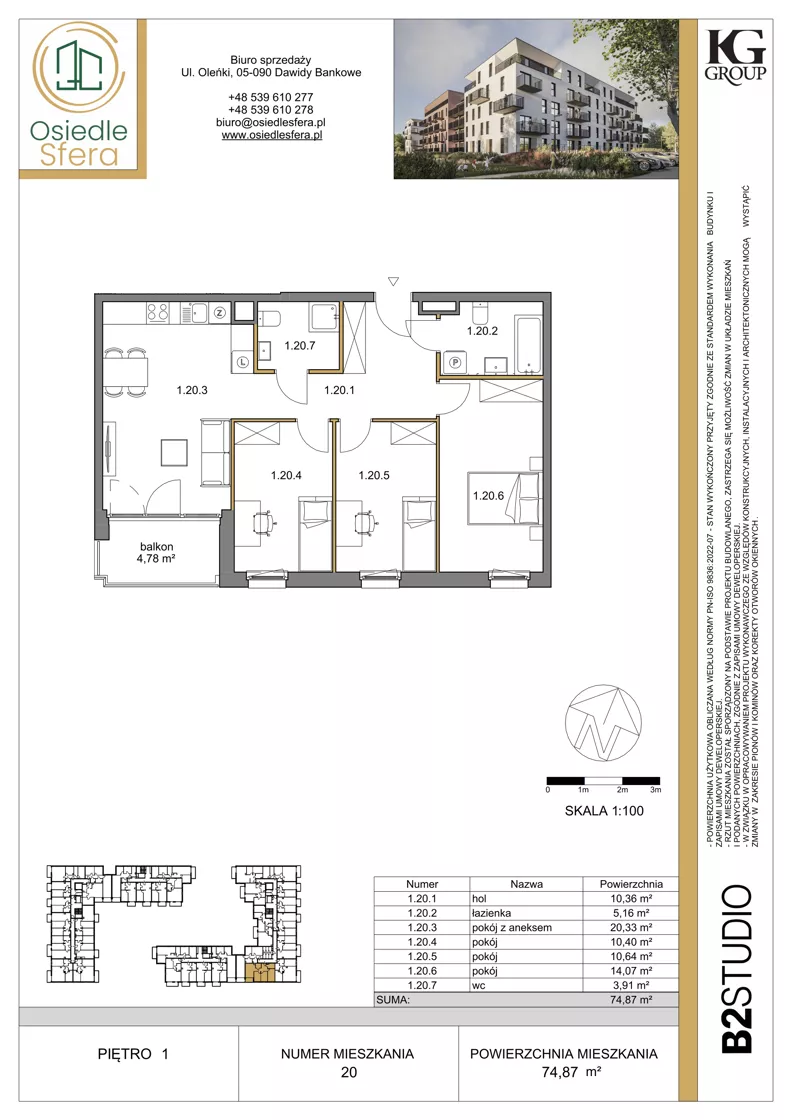 4 pokoje, mieszkanie 74,87 m², piętro 1, oferta nr 20, Osiedle Sfera - Etap II, Dawidy Bankowe, ul. Oleńki 14