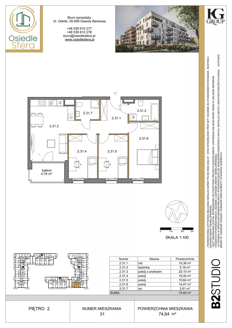 4 pokoje, mieszkanie 74,64 m², piętro 2, oferta nr 31, Osiedle Sfera - Etap II, Dawidy Bankowe, ul. Oleńki 14