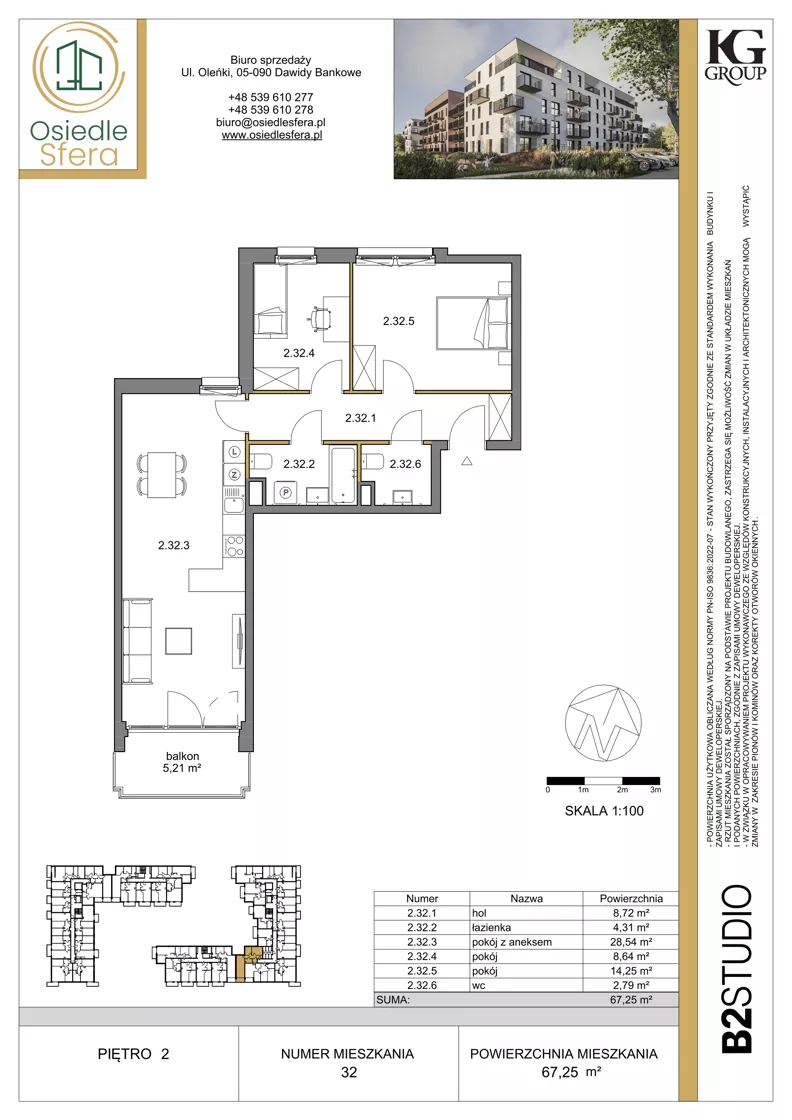 3 pokoje, mieszkanie 67,25 m², piętro 2, oferta nr 32, Osiedle Sfera - Etap II, Dawidy Bankowe, ul. Oleńki 14