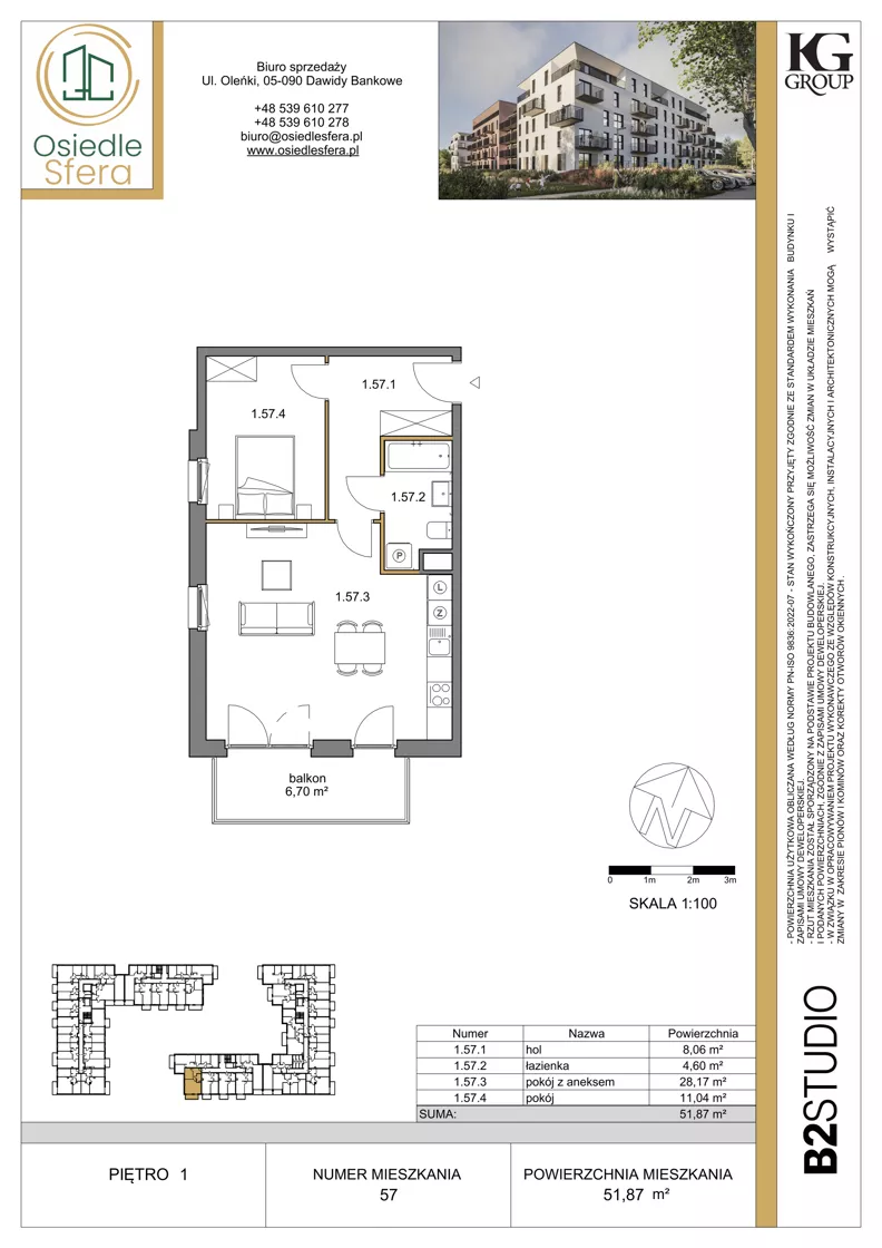2 pokoje, mieszkanie 51,87 m², piętro 1, oferta nr 57, Osiedle Sfera - Etap II, Dawidy Bankowe, ul. Oleńki 14