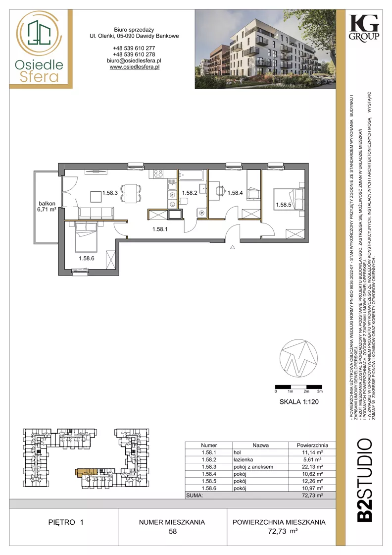 4 pokoje, mieszkanie 72,73 m², piętro 1, oferta nr 58, Osiedle Sfera - Etap II, Dawidy Bankowe, ul. Oleńki 14