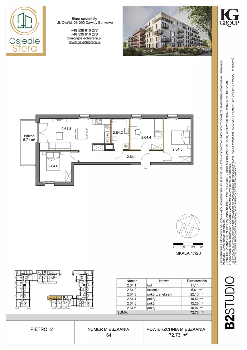 4 pokoje, mieszkanie 72,73 m², piętro 2, oferta nr 64, Osiedle Sfera - Etap II, Dawidy Bankowe, ul. Oleńki 14