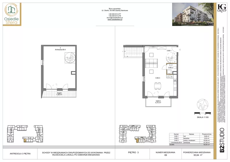 3 pokoje, mieszkanie 93,64 m², piętro 3, oferta nr 69, Osiedle Sfera - Etap II, Dawidy Bankowe, ul. Oleńki 14