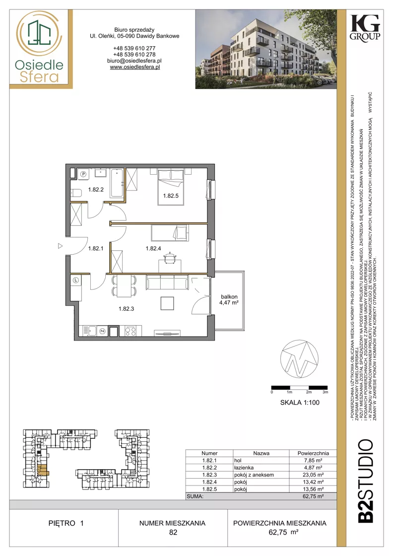 3 pokoje, mieszkanie 62,75 m², piętro 1, oferta nr 82, Osiedle Sfera - Etap II, Dawidy Bankowe, ul. Oleńki 14